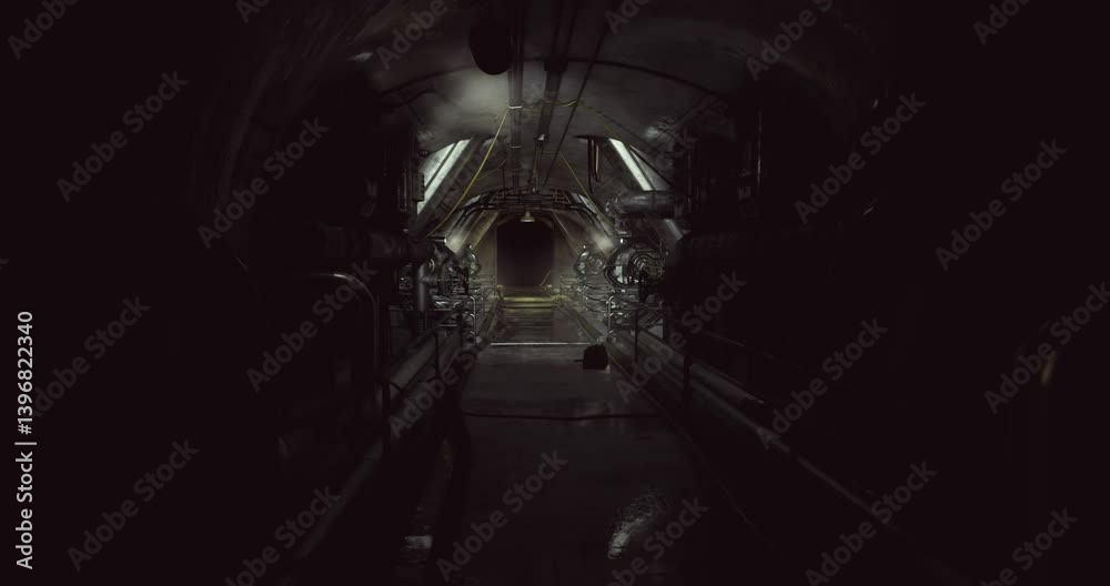 Dark tunnel in an industrial engineering facility with lit pathways