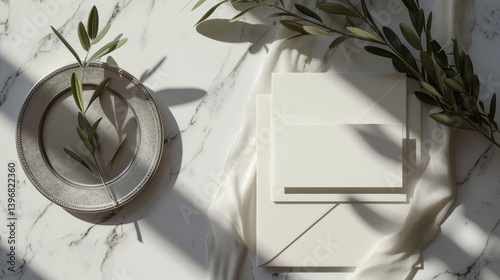 Elegant stationery mockup with olive branches on marble