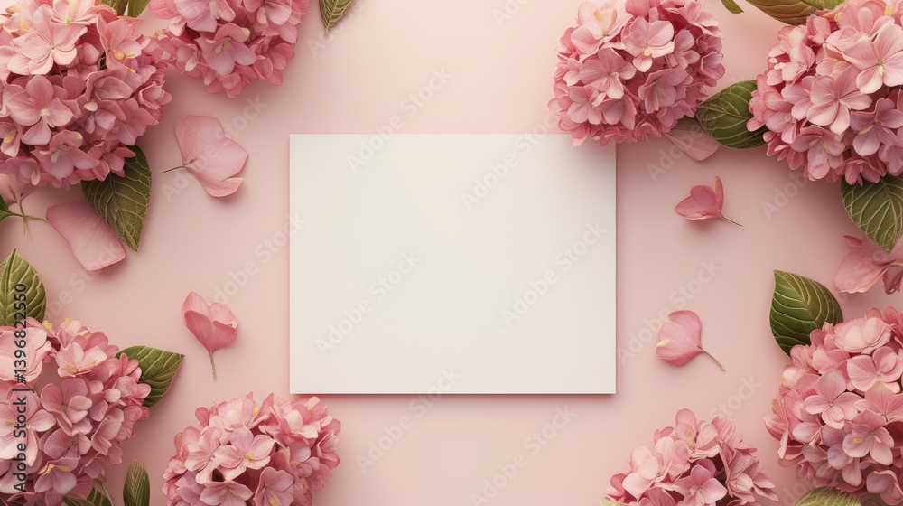 Pink Hydrangeas Surround Blank White Card on Pink Pastel Background