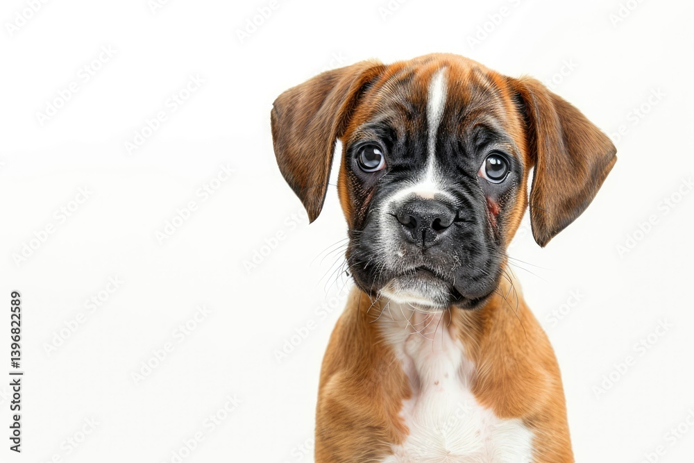 Portrait of a German Boxer Puppy Isolated on a White Background, the Pet Looks at the Camera Portrait of a German Boxer Puppy Isolated on a White Background, the Pet Looks at the Camera