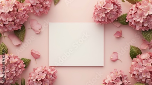 Pink Hydrangeas Surround Blank White Card on Pink Pastel Background