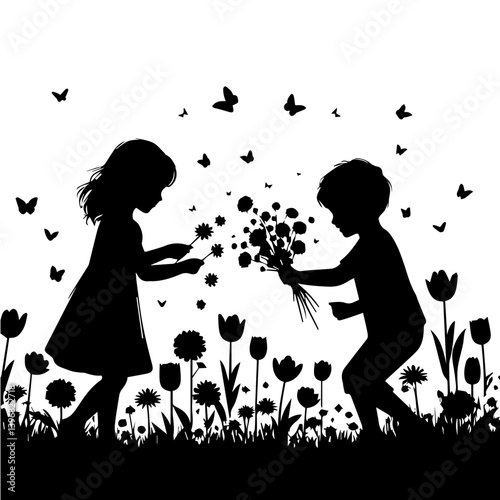 Enchanted Garden: Black and White Vector Silhouette of Kids Exploring and Collecting Blossoms in Nature
(May Day)
