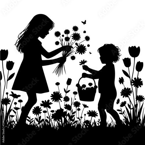 Enchanted Garden: Black and White Vector Silhouette of Kids Exploring and Collecting Blossoms in Nature
(May Day)