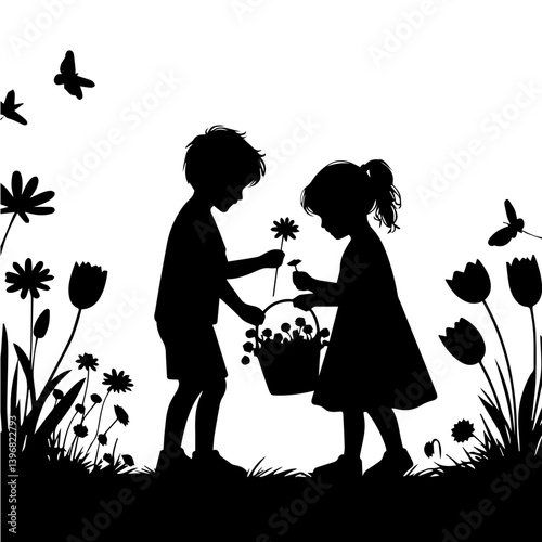 Enchanted Garden: Black and White Vector Silhouette of Kids Exploring and Collecting Blossoms in Nature
(May Day)