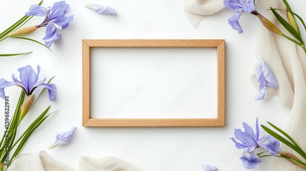 Light Wooden Frame Surrounded by Purple Irises and Fabric on White Background