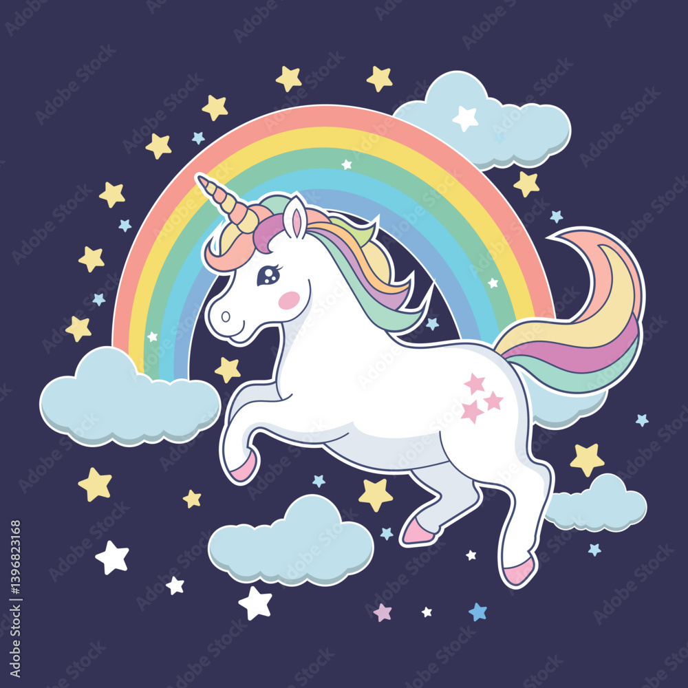 Fototapeta premium Adorable Baby Unicorn Cartoon Vector Artwork Illustration for Children – Perfect for T-Shirt Design, Birthday Cards, Stickers, and Nursery Decor 