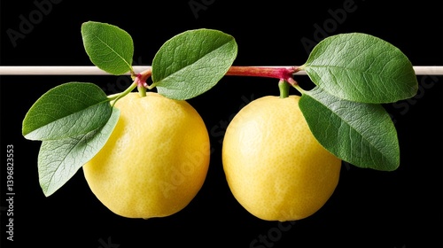 Two yellow oranges hanging from a string. The oranges are ripe and ready to eat. The leaves are green and fresh