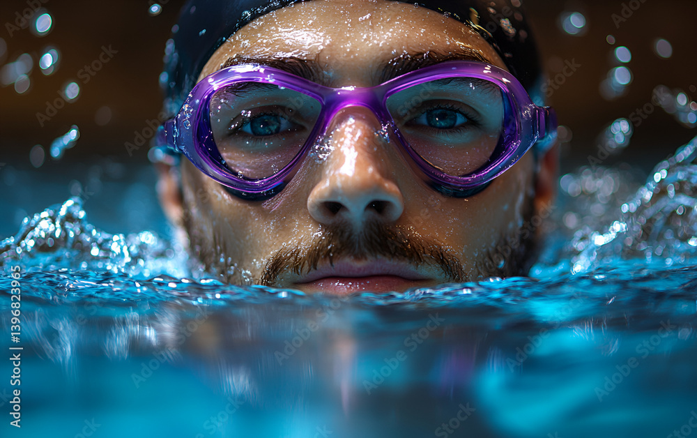 Fototapeta premium Young man swimmer in blue swimming pool water enjoys summer fun with goggles and a smile