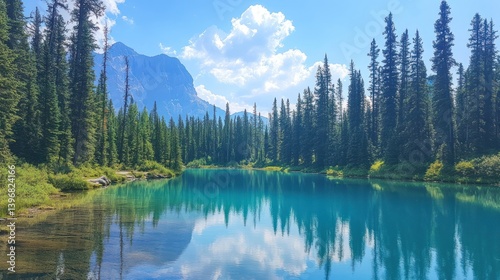 Serene turquoise lake reflecting mountains and evergreen forest under a bright blue sky.
