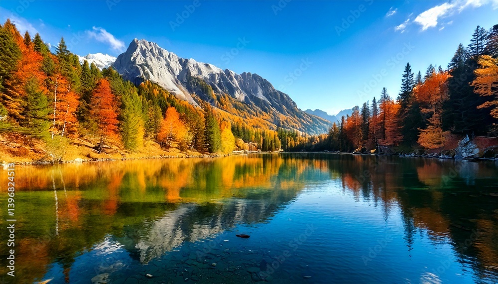 Obraz premium mountain landscape during autumn, with a clear lake reflecting the 