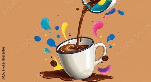 Pouring Fresh Coffee Into a Cup with Colorful Paint Splatters Artwork