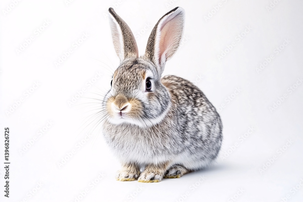 Fototapeta premium A curious grey bunny sits attentively against a bright white background, showcasing its soft fur and endearing expression.