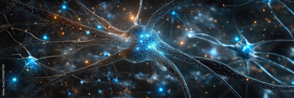 Naklejka premium A neural network visualization with connected nodes and blue lights