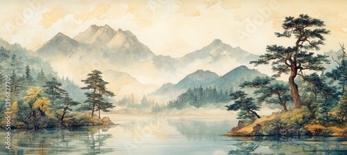 Old China Japan lake mountain valley. Traditional oriental watercolor painting style background. Generative AI technology.	
