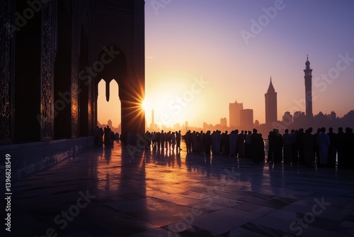 First light touches the mosque's minarets, casting long shadows. People gather quietly, embracing the peaceful dawn of Eid