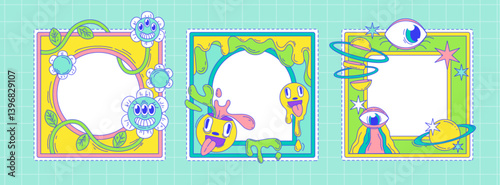 Psychedelic 70s frame set - colorful funky cartoon flower borders, surreal groovy art illustrations, trippy hippie design elements with playful characters. Decorative square compositions for posters.
