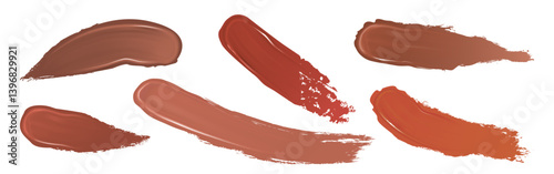 Dark skin foundation swatch set - brown liquid makeup smudges, smears of cosmetic product samples. Variety of deep cocoa tones smooth strokes collection for beauty brand, shades palette for matching.