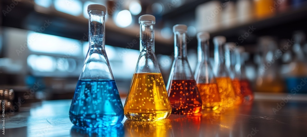 Laboratory beaker glass with colorful liquid. Science chemistry research. Generative AI technology.