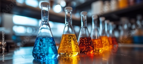 Obraz na płótnie Laboratory beaker glass with colorful liquid. Science chemistry research. Generative AI technology.
w salonie