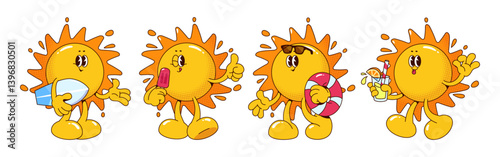 Retro sun mascot character in various poses - cheerful round face expression with sunglasses and inflatable ring, holding ice cream and cocktail in glass, with surf board. Vintage summer emoticon.