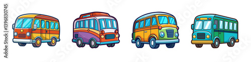 Collection of Colorful Retro Vans and Buses Cartoon Illustration