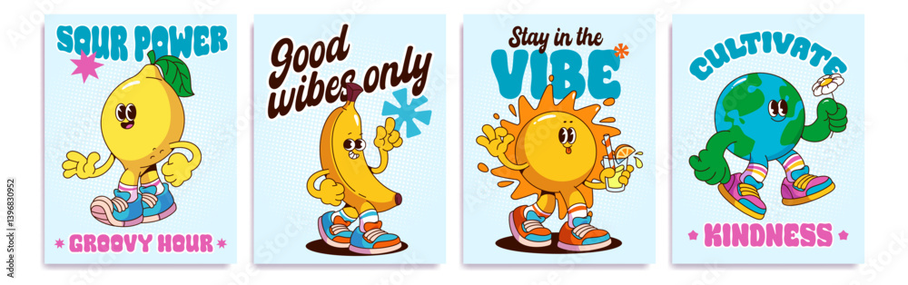 Naklejka premium Lively retro posters with cartoon mascot and motivational phrases - cute lemon fruit walking, smiling banana waving hand, cheerful sun drinking cocktail, positive Earth globe holding daisy flower.