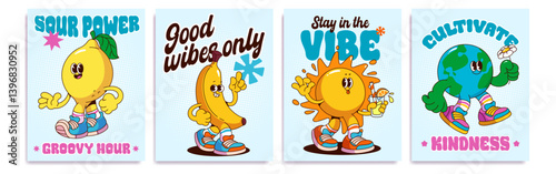 Lively retro posters with cartoon mascot and motivational phrases - cute lemon fruit walking, smiling banana waving hand, cheerful sun drinking cocktail, positive Earth globe holding daisy flower.