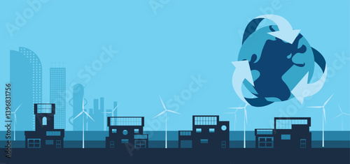World recycling and green energy resources, sustainable living lifestyle with environmentally friendly power saving. vector illustration green urban city background.