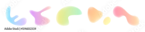 Colorful y2k abstract organic shapes set with noise texture - smooth fluid blobs, liquid splashes blotches, forms. Pastel gradient retro graphic elements. Minimalist vintage decorative illustrations.