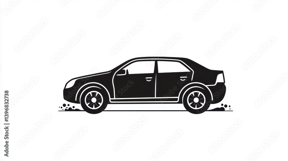Obraz premium Simple black silhouette of a sedan car driving on a dirt road.