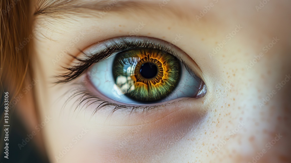 Fototapeta premium A close up of a human eye with green and orange color and eyelashes in a detailed macro shot