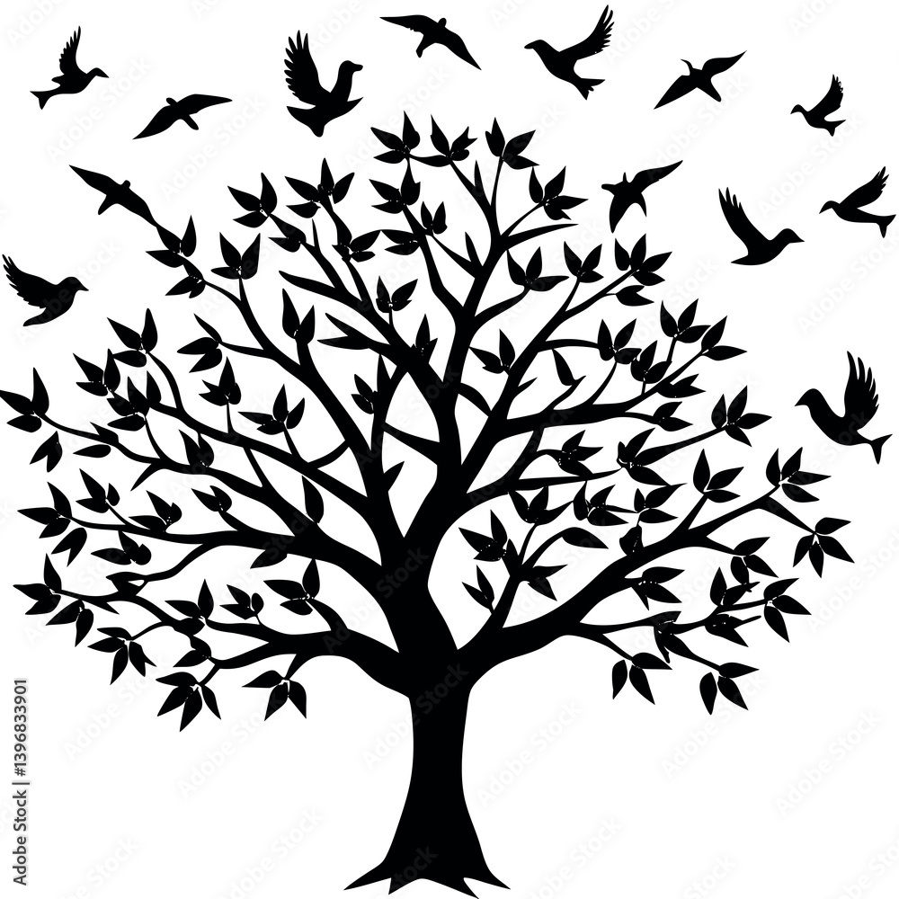 Obraz premium Illustrate-a-tree-whose-branches-turn-into-flying birds.