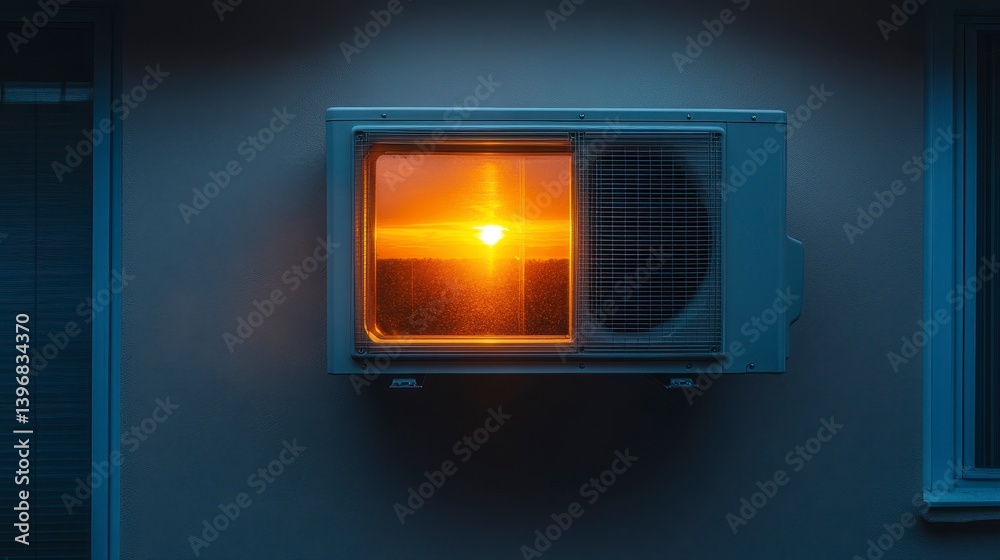 Fototapeta premium Illuminated window unit casts a warm, orange glow against the cool wall