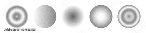 Stipple shading sphere - dot work, dense and detailed gradients. Grayscale vector halftone circles and grains forming 3D balls. Pointillism style gradient fill for realistic pencil drawing effect.