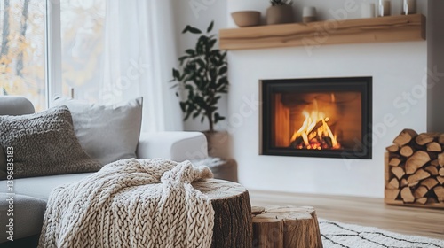 Scandinavian living room with a cozy fireplace, wooden accents, and a clean design that invites relaxation and comfort