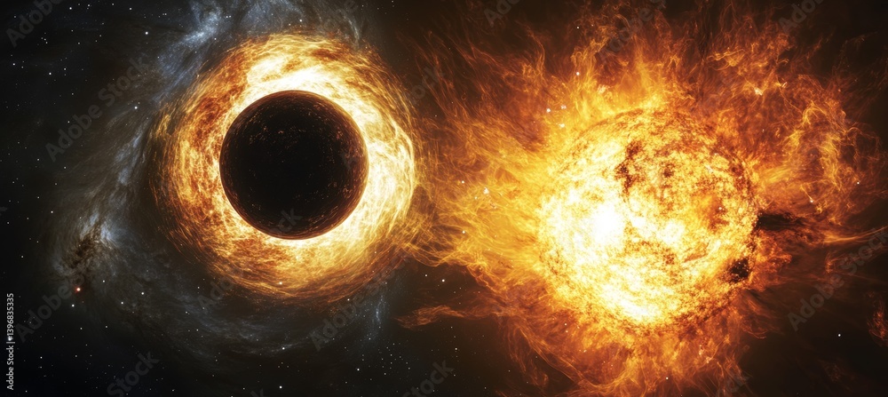 Sun absorb by black hole. Time space dilation. Science galaxy astronomy. Generative AI technology.