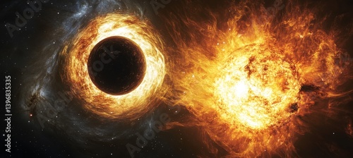 Obraz na płótnie Sun absorb by black hole. Time space dilation. Science galaxy astronomy. Generative AI technology.
w salonie