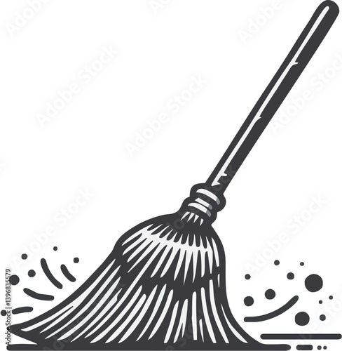 Sweeping Motion: A detailed, vintage-style illustration of a broom, captured mid-sweep. Dust particles swirl, depicting cleaning process, this graphic evokes a sense of order, and domesticity.