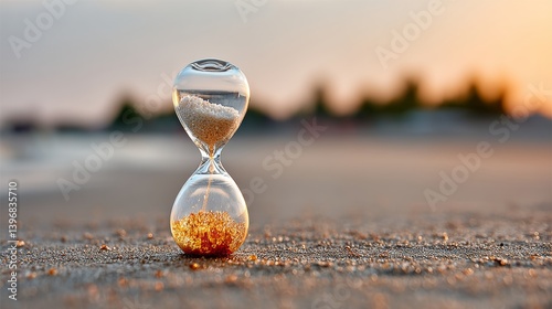 Sand timer is placed on a sandy beach, with the sand inside the glass. As the sand falls out of the timer, it creates a sense of time passing by. The beach setting adds a serene