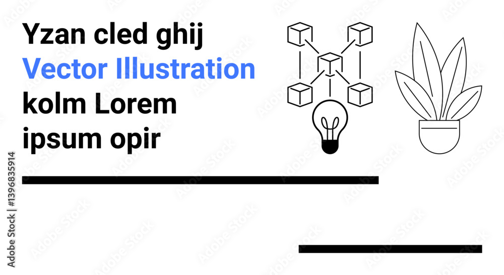 Blockchain diagram connects cubes near light bulb and potted plant. Ideal for innovation, technology, creativity, blockchain, sustainability, education, design-thinking. Minimal flat landing page Blockchain diagram connects cubes near light bulb and potted plant. Ideal for innovation, technology, creativity, blockchain, sustainability, education, design-thinking. Minimal flat landing page