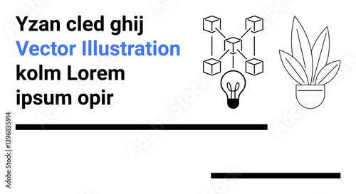 Blockchain diagram connects cubes near light bulb and potted plant. Ideal for innovation, technology, creativity, blockchain, sustainability, education, design-thinking. Minimal flat landing page