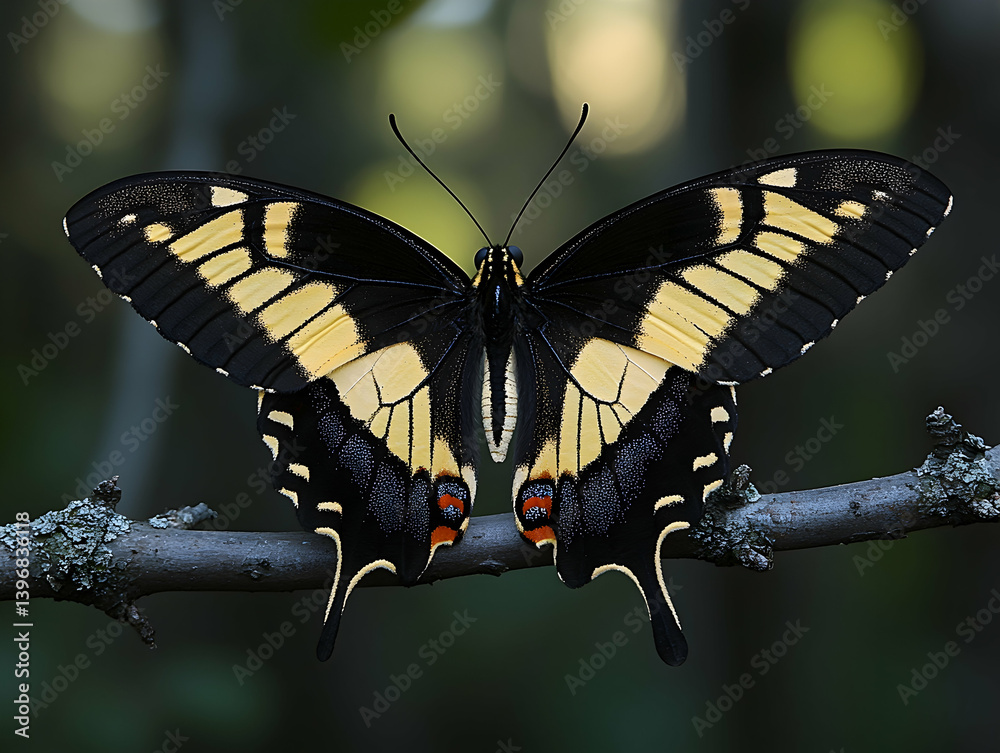 Fototapeta premium Butterfly with black and yellow pattern wings resting on a branch with green background