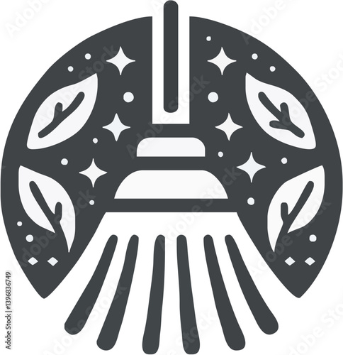 Sustainable Cleaning: A minimalist illustration of a broom amidst a circular arrangement of leaves and stars, representing eco-friendly cleaning practices and environmental consciousness.