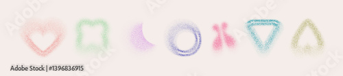 Colorful dotted shape icon set for y2k aesthetic design - heart and moon crescent, circle and triangle, butterfly and simple geometric form with scattered particles. Textured graphic symbol collection
