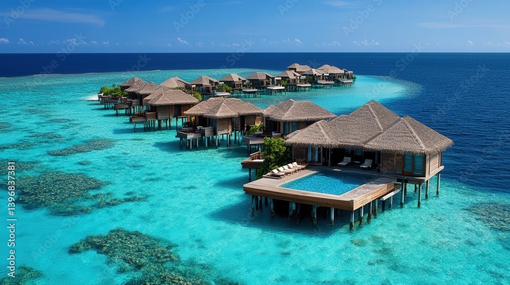 the Maldives shows rows of overwater villas with wooden piers, offering an exclusive view of the pristine waters. the Maldives shows rows of overwater villas with wooden piers, offering an exclusive view of the pristine waters.
