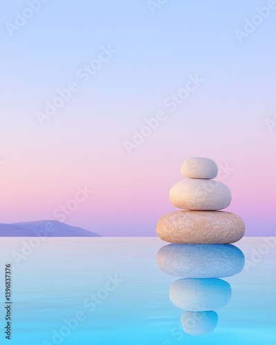 Serene Stack of Balancing Stones at Sunset, Tranquility, Peaceful Reflection Over Water.