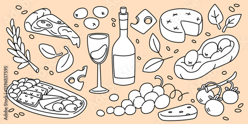 Hand drawn wine and pizza illustration set - bottle with wineglass, tomatos and cheese slices, olives and bread. Doodle black outline drawings of Italian cuisine elements, mediterranean food, drink.