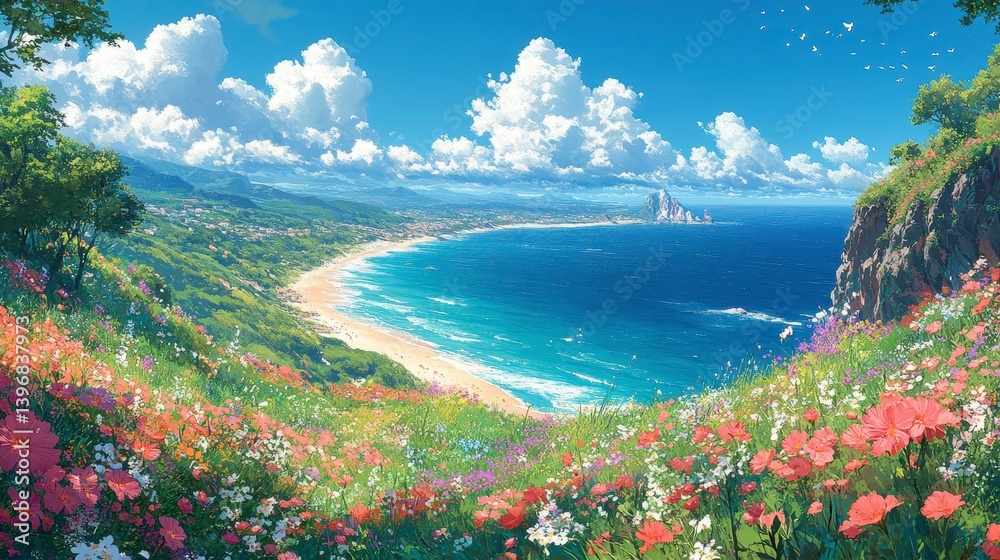 Obraz premium Floral meadow overlooks a bright coastline with clear skies