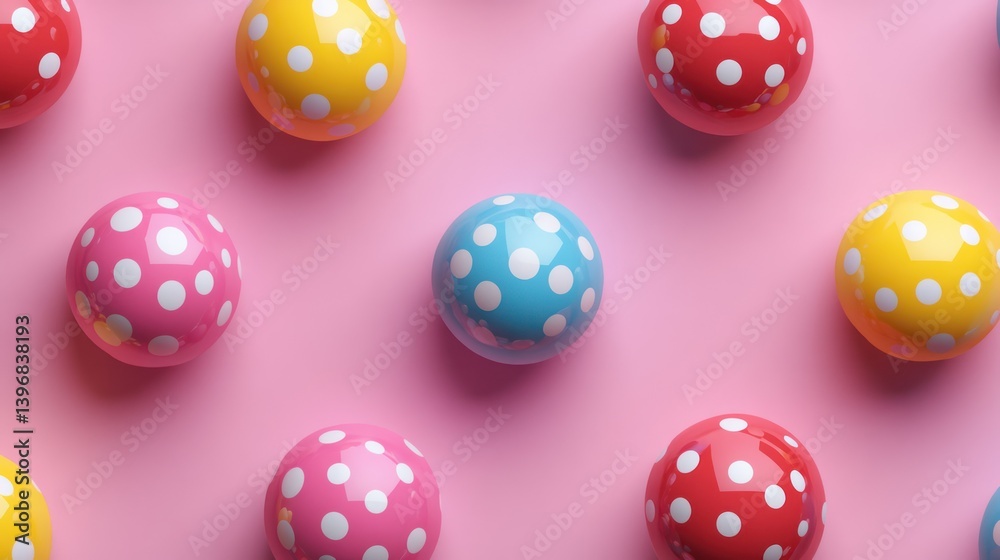 Colorful polka dot spheres on pink background.