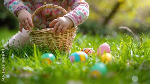 A toddler carefully fills their Easter basket with colorful eggs